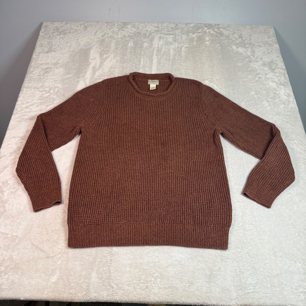 LL Bean Organic Cotton Shaker Stitch Rollneck Crew Knit Sweater Brown Mens L